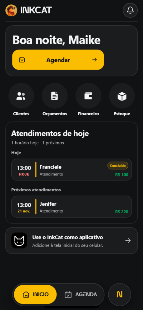 Captura da tela inicial mobile do InkCat, com atalhos, atendimentos e navegação inferior