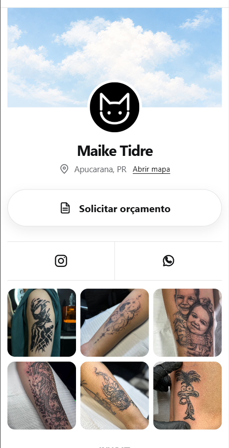 Captura real da página pública do InkCat, com capa, perfil, solicitação de orçamento e portfólio